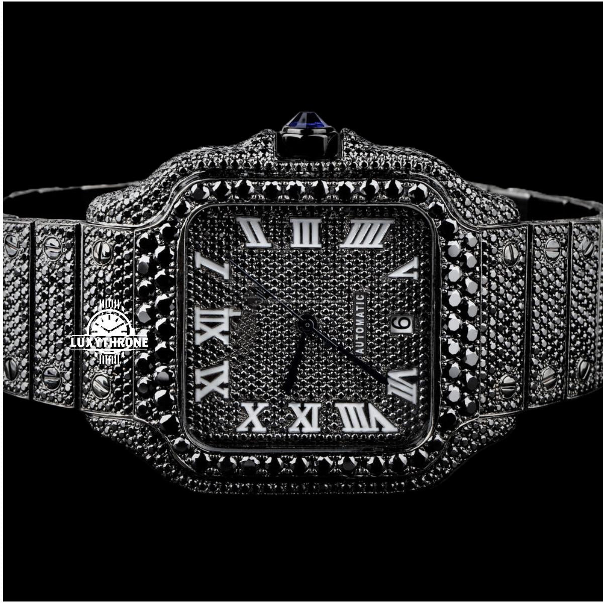 luxythrone jewellery Custom Diamond watch Full Black Cartier Moissanite Diamond Watch, Real Diamonds