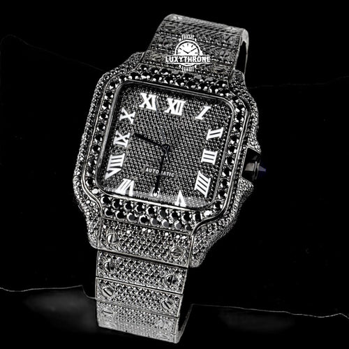 luxythrone jewellery Custom Diamond watch Full Black Cartier Moissanite Diamond Watch, Real Diamonds
