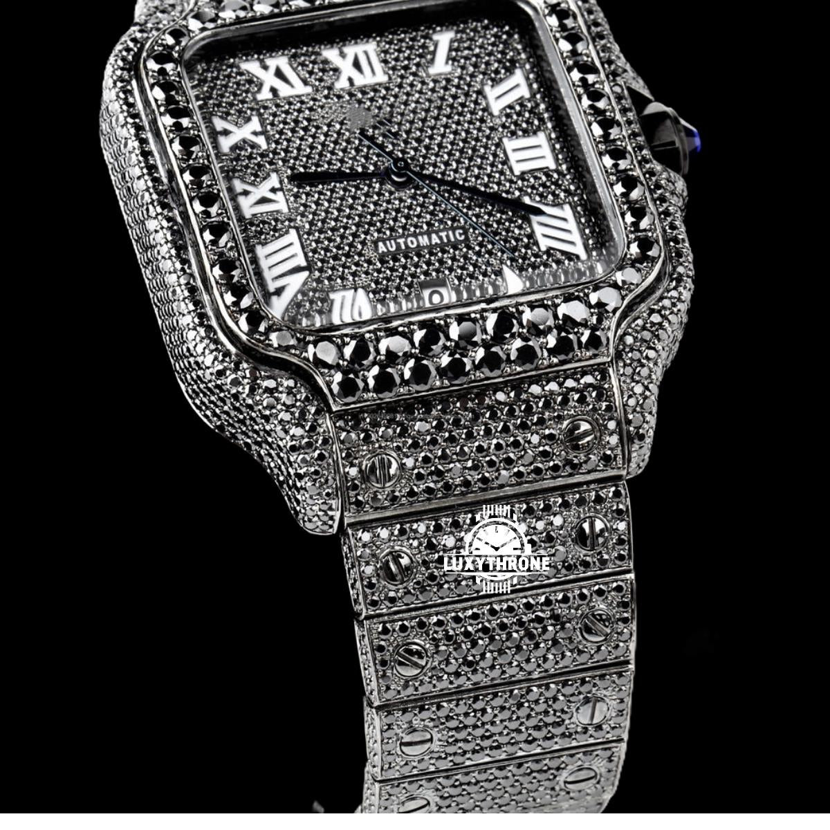 luxythrone jewellery Custom Diamond watch Full Black Cartier Moissanite Diamond Watch, Real Diamonds