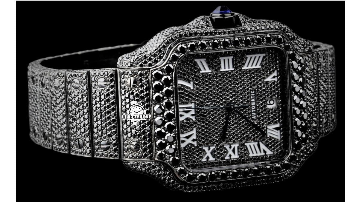 luxythrone jewellery Custom Diamond watch Full Black Cartier Moissanite Diamond Watch, Real Diamonds