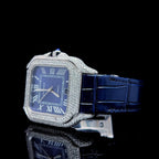 Roman Square Blue Dial | Moissanite Diamond | Leather Strap Watch
