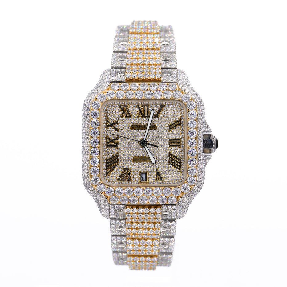 Luxury Full Iced Out Moissanite Watch | Two-Tone Roman Numerical Automatic Timepiece