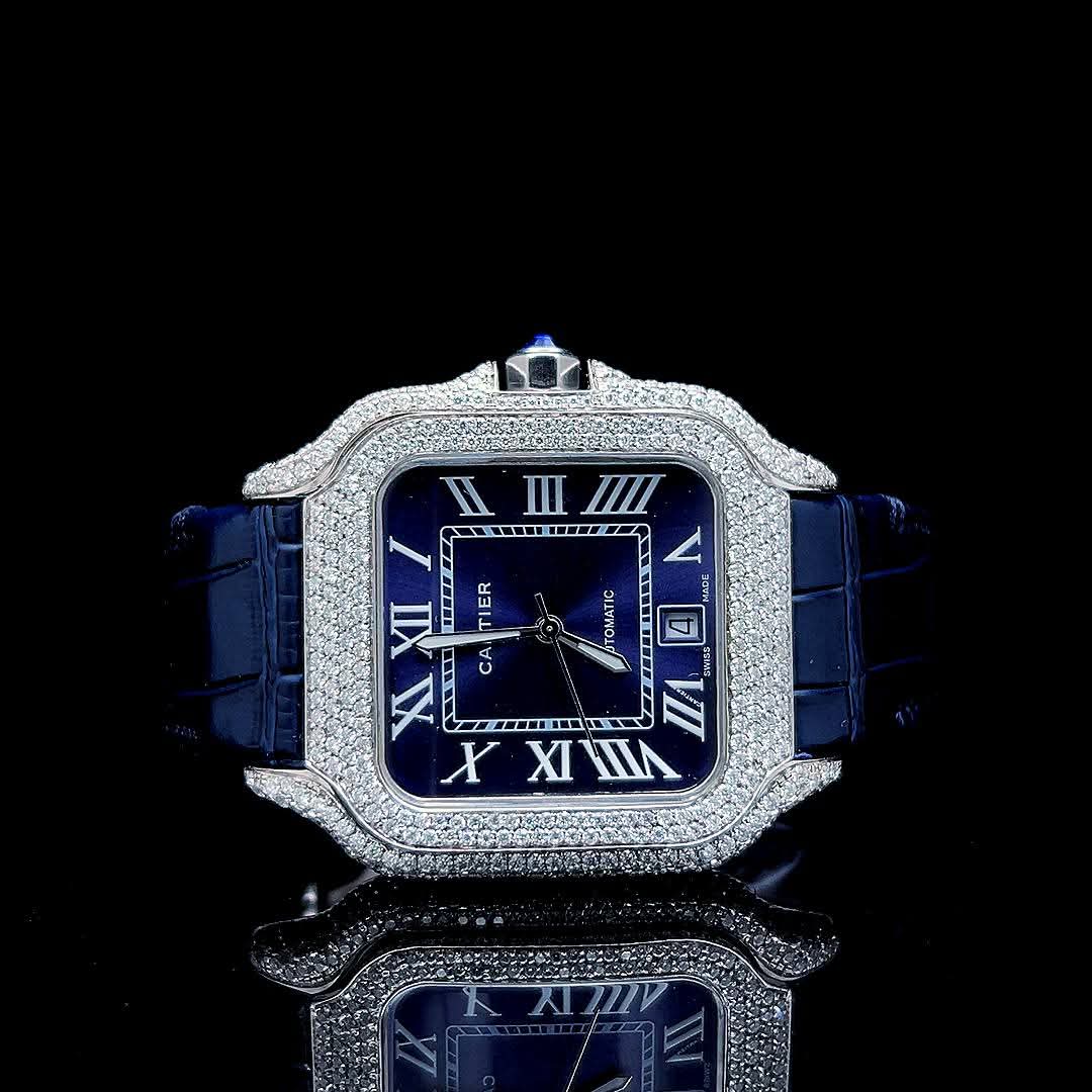 Roman Square Blue Dial | Moissanite Diamond | Leather Strap Watch