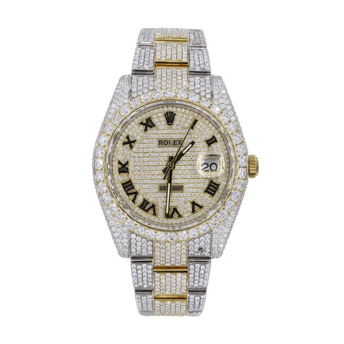 Custom Pave Roman Numeral Dial | Two Tone Oyster Band Yellow and white colours watch LuxyThrone Jewellery