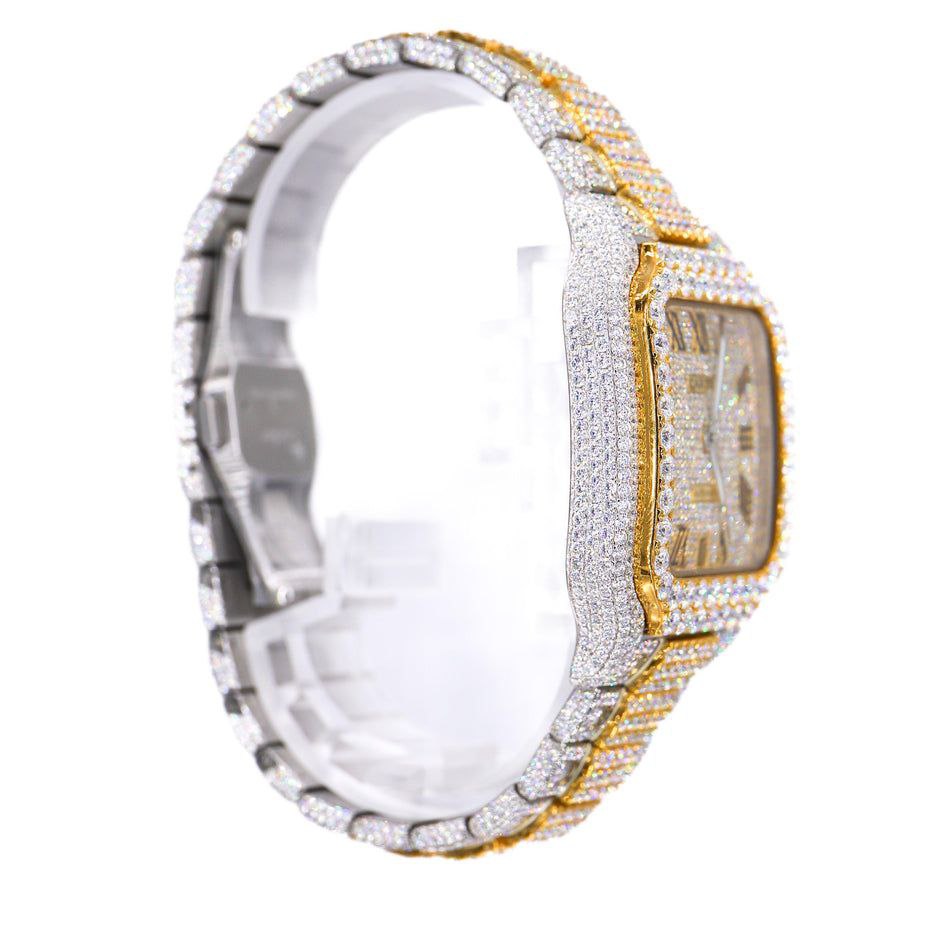 Luxury Full Iced Out Moissanite Watch | Two-Tone Roman Numerical Automatic Timepiece