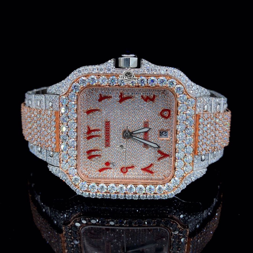 Luxury iced out diamond wrist watch | square dial with red numeral markers |  rose gold accents crystal bezel silver