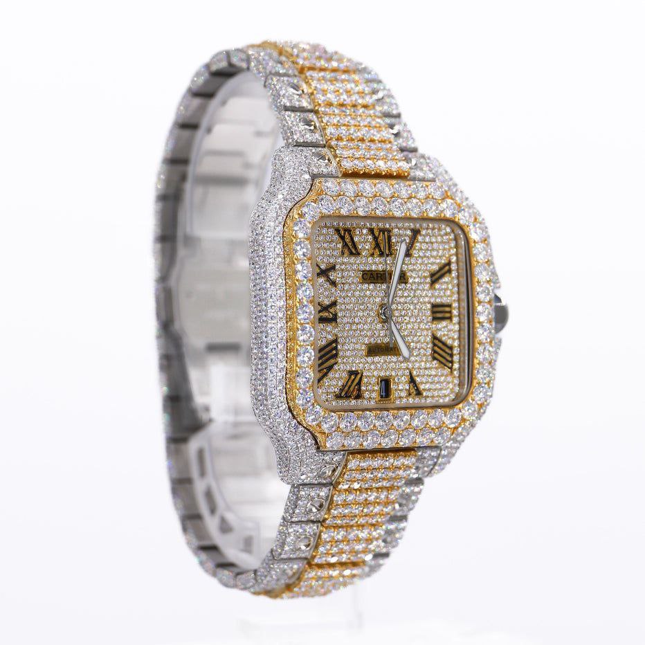 Luxury Full Iced Out Moissanite Watch | Two-Tone Roman Numerical Automatic Timepiece